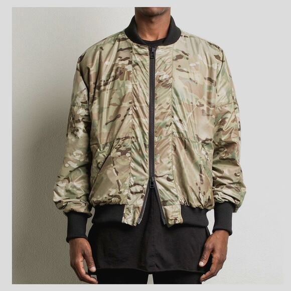 Daniel Patrick Olive Camo Front Split Zip Satin Long Sleeve Bomber Jacket M - Picture 1 of 13